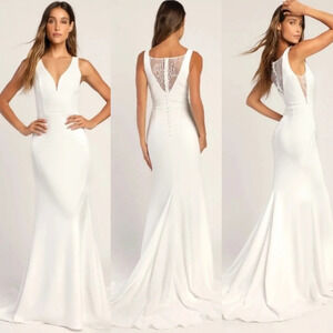 Lulu's Long-Lasting Love Ivory Lace V-Neck Mermaid Dress Wedding Bridal Bride